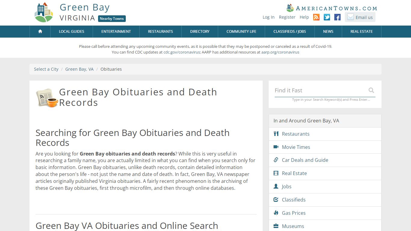 Obituaries Green Bay VA - Green Bay Death Records